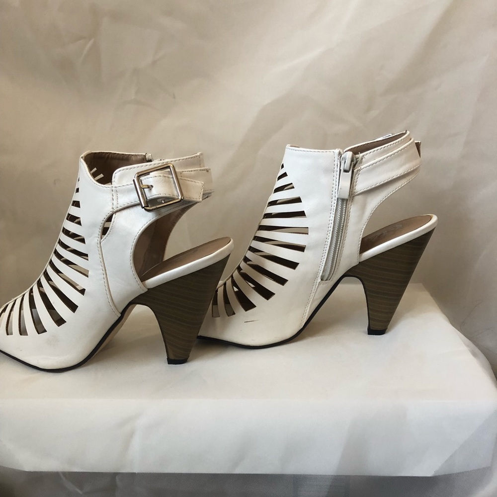 White Caged Open Toe Slingback Pumps